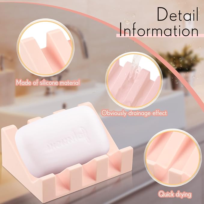 Cunhill 2 Pieces Silicone Soap Dish Self Draining Soap Dish Shower Waterfall Bar Soap Holder Tray with Drain Soap Saver for Kitchen Bathroom Accessories (Light Pink)