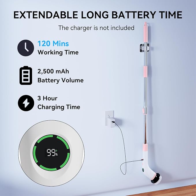 Electric Bathroom Cleaning Brush Cordless Shower Scrubber SD-CTB01 | Spin Scrubber Full Body Waterproof IPX7 with Adjustable Handle, 8 Replaceable Brush Heads for Bathtub/Kitchen/Window/Home