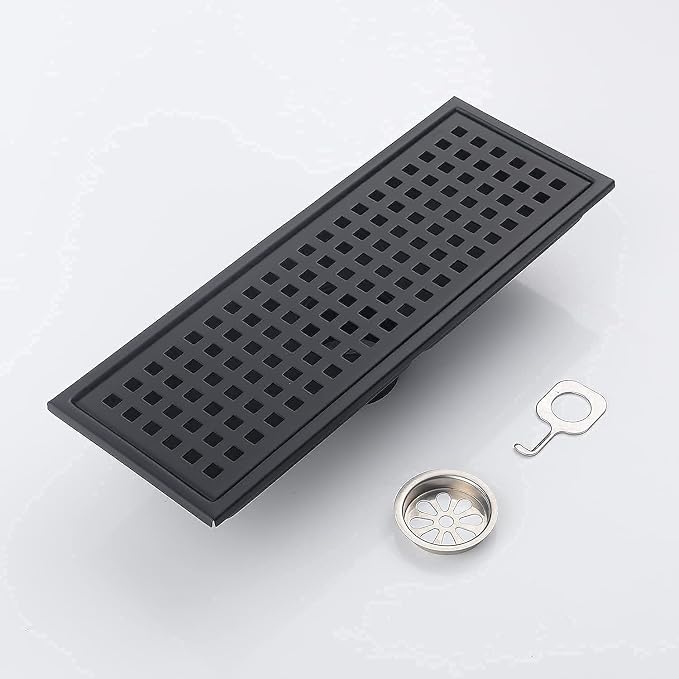 12 Inch Rectangular Shower Floor Drain, Detachable to Insert The Mesh Grille Cover, SUS304 Stainless Steel, Matt Black