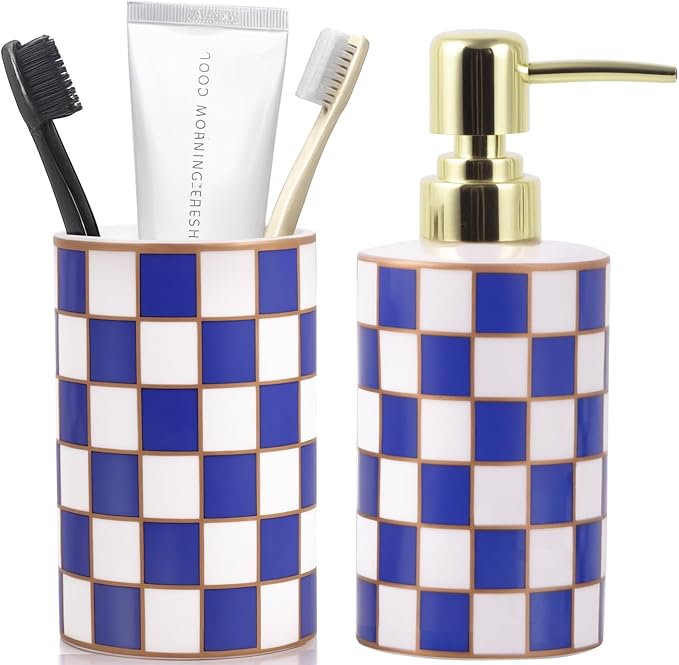 Bathroom Toothbrush Holder Set, Ceramic Checkered Soap Dispenser and Tooth Brush Holder Set, Modern Bathroom Accessories Sets Countertop, Black and White Checkered Bathroom Decor Set (Blue)