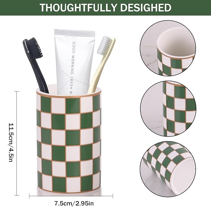 Checkered Bathroom Toothbrush Holder, Bathroom Black and White Ceramic Toothbrush Holder, Modern Toothbrush Box, Used for Bathroom countertop Storage Rack, Checkered Bathroom Decoration (Green)