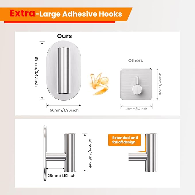 Aikzik Silver Adhesive Hooks Heavy Duty, Wall Hooks for Shower, Bathroom, Towel, Coat, Robe, Stainless Steel Hooks for Hanging, Waterproof & Rustproof Sticky Hooks for Walls No Damage- 2 Pack