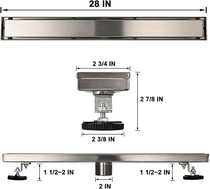 AVSIILE Linear Shower Floor Drain, 28 Inch Brushed Nickel 304 Stainless Steel Bathroom Drains Kit, Rectangular Shower Trench Drain with Reversable Tile-in Pattern Drain Cover & Hair Catcher