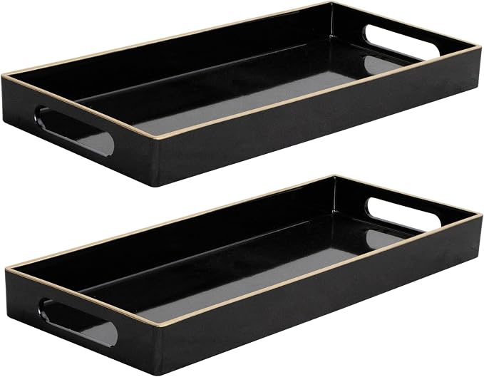 MAONAME Black Vanity Tray Set of 2, Plastic Decorative Tray with Handles, Small Narrow Trays, Rectangular Bathroom Trays for Toilet Tank, 13.8" X 6" X 1.57"