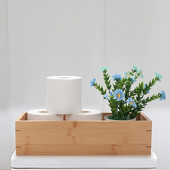 3Pcs Bamboo Bathroom Basket, Wood Bathroom Organizer, Wooden Basket Tray for Counter Toilet Tank Top, Home Decor Wood Box for Toilet Paper Storage