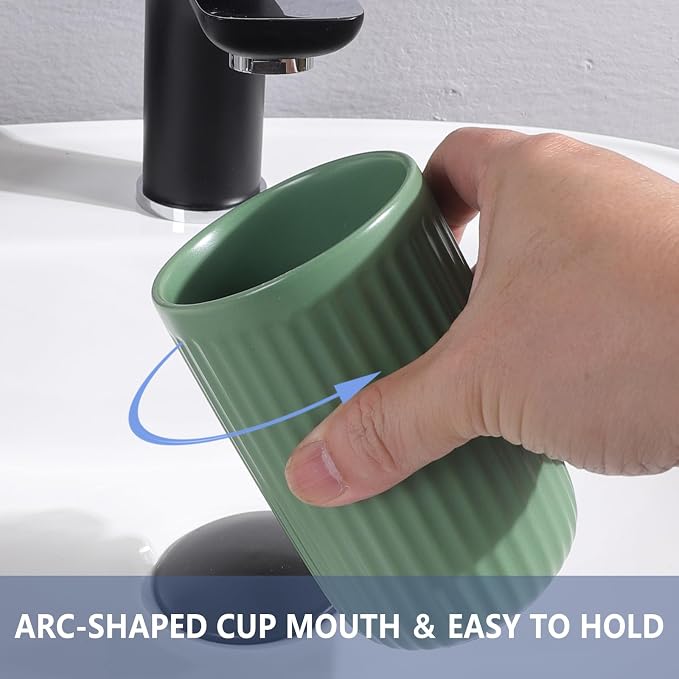 Green Toothbrush Holders for Bathrooms - 2 Cups Ceramic Toothbrush Toothpaste Holders Set, Green Bathroom Tumbler Cups Reusable Toothbrush Mouthwash Cup, Bathroom Counter Organizer.