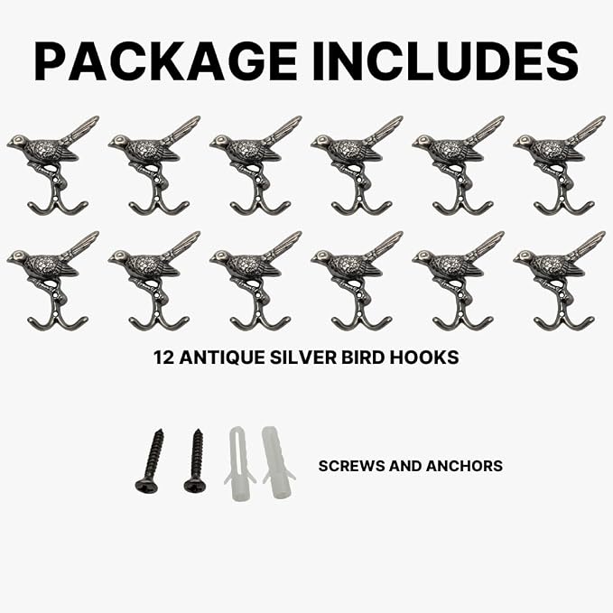 12 pcs Antique Silver Bird Decorative Wall Hooks for Hanging Coats, Keys, Towels, Bags, and More