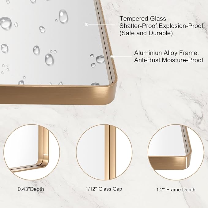 LOAAO 40”X36” Gold Bathroom Mirror, Rounded Rectangle Gold Frame Mirror, Brushed Gold Bathroom Vanity Mirror Wall-Mounted, Anti-Rust, Tempered Glass, Hangs Horizontally or Vertically | Rounded Rectangle, Brushed Gold Frame, Wall-Mounted, Anti-Rust, Tem...