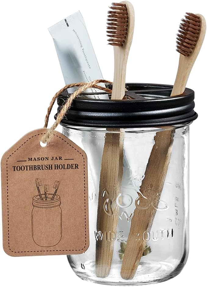 SheeChung Mason Jar Toothbrush Holders, Bathroom Accessories, Bathroom Essentials, Bathroom Organizers and Storage, Bathroom Countertop Organizer, Glass Toothbrush Holders for Bathroom-Black