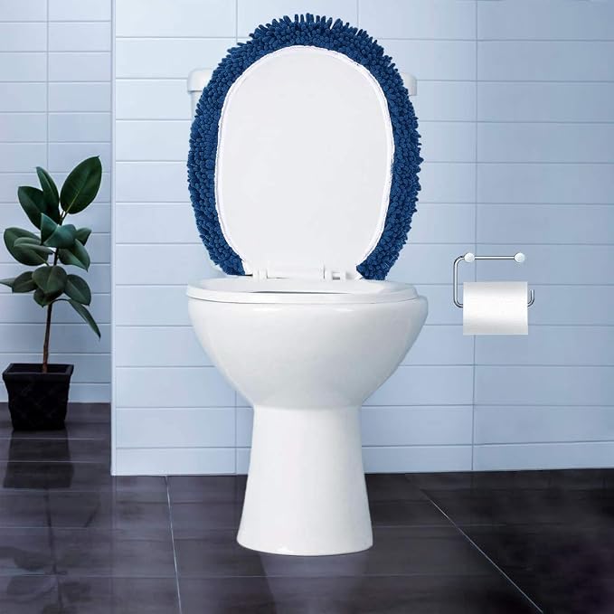 LuxUrux Toilet Lid Cover with Stretch Fit Elastic Band – Chenille Microfiber Toilet Seat Non-Slip Cover for Bathroom – Soft Plush, Machine Wash And Dry, Comfort & Clean Look (18 x 21'', Medium Blue)
