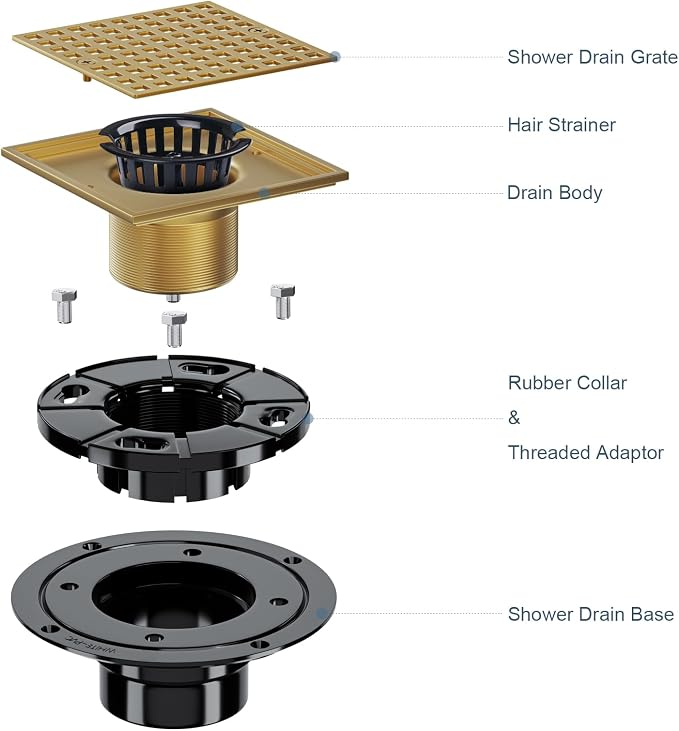 Champagne Bronze 4 Inch Shower Floor Drain with Flange - Square Shower Drain with Hair Strainer - Removable Strainer Cover - SUS304 Stainless Steel - Antique Brass