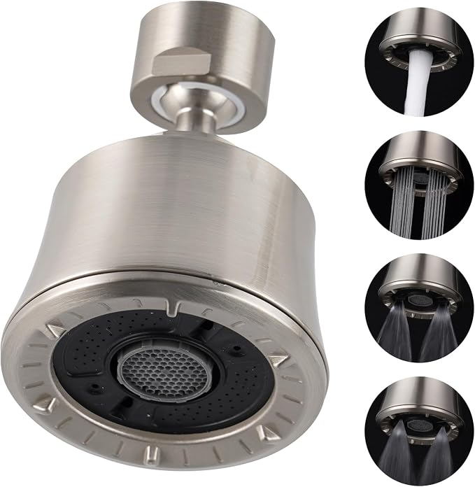 iFealClear Kitchen Sink Faucet Head, 360° Faucet Sprayer Attachment for Kitchen Faucet, Large Angle Faucet Aerator 55/64-27UNS, 2 Metal Swivel Joints, 4 Spray Modes, Metal Adapter, Brushed Nickel