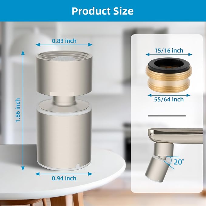 Hibbent NSF/ANSI/CAN 61 Certified Faucet Aerator, CUPC Certification 360° Swivel Kitchen Faucet Aerator, 2 Flow Sprayer Modes Water Saving Faucet Extender-55/64"-27UNS Female Thread/Brushed Nickel