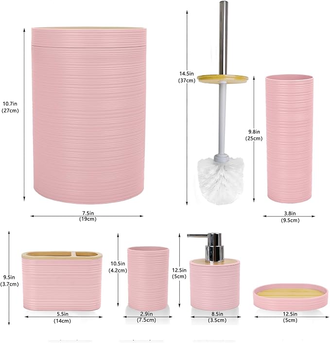 CERBIOR Bamboo Bathroom Accessories Set 6 Piece Spiral Bath Ensemble（Pink） | Includes Soap Dispenser, Toothbrush Holder, Toothbrush Cup, Soap Dish for Decorative Countertop and Housewarming Gift, Pink