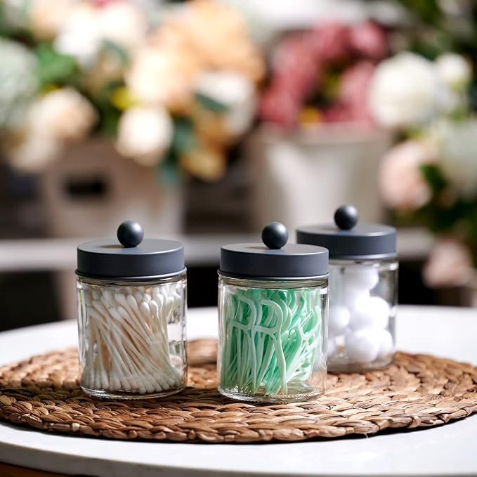 Amolliar 6 Pack Apothecary Jars Bathroom Organizer - Rustic Farmhouse Decor Qtip Holder with Stainless Steel Lids - Glass Bathroom Storage Canisters for Cotton Swabs, Rounds, Balls, Flossers (Grey)