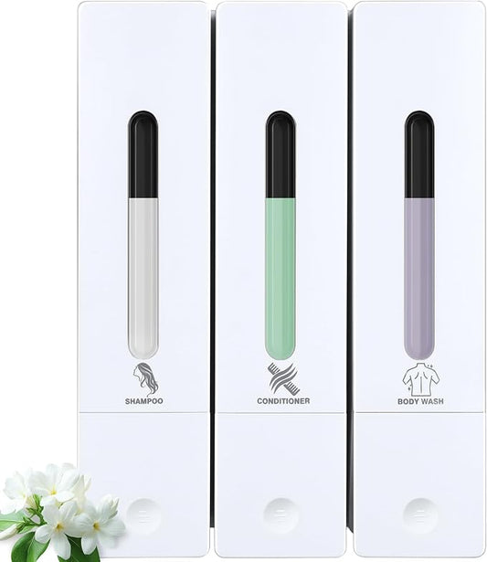 3 Chamber Shampoo and Conditioner Dispenser, No Drill Shower Soap, White | Refillable wall-mounted bottle set, BPA-free. 3x400ml. Bathroom, shower, hotel. Dispenses body wash, face wash, soap, lotion.