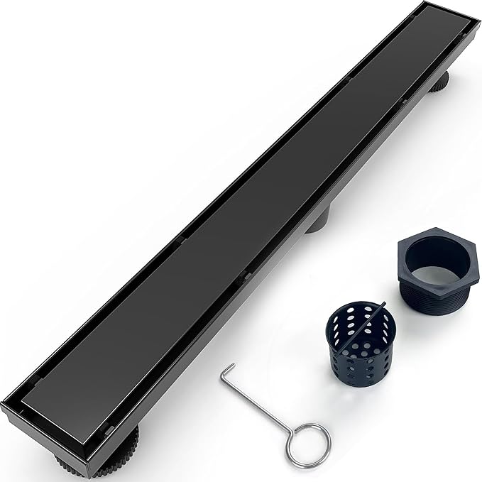 36 Inch Linear Shower Drain Matte Black Floor Drain for Bathroom Kitchen Rectangular 2 in 1 Floor Drain Tile Insert Cover 304 Stainless Steel Easy Install with Hair Strainer, Adjustable Leveling Feet