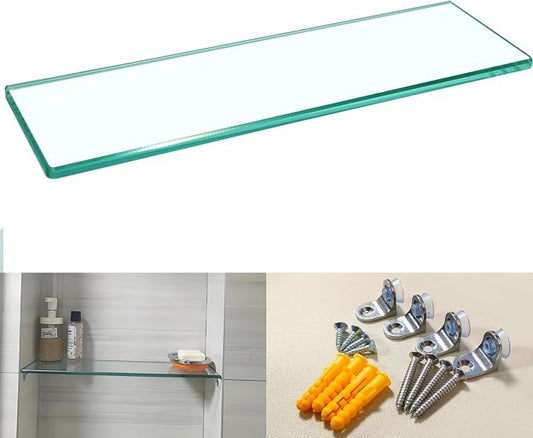 11.81” Tempered Glass Niche Shelf with 4 Small Brackets for Tile Niches Wooden Niches 8mm Thick Shower Niche Shelf for Bathroom Kitchen Cabinet