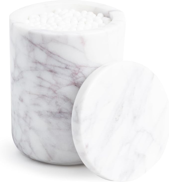 Cork & Mill Marble Bathroom Container with Lid - Holder for Qtip Swabs, Cotton Balls, Pads, Rounds, or Floss Picks - White Apothecary Jar for Q Tips - Canister for Organizing Bathroom Counter Vanity