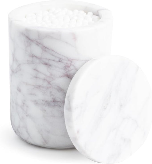 Cork & Mill Marble Bathroom Container with Lid - Holder for Qtip Swabs, Cotton Balls, Pads, Rounds, or Floss Picks - White Apothecary Jar for Q Tips - Canister for Organizing Bathroom Counter Vanity