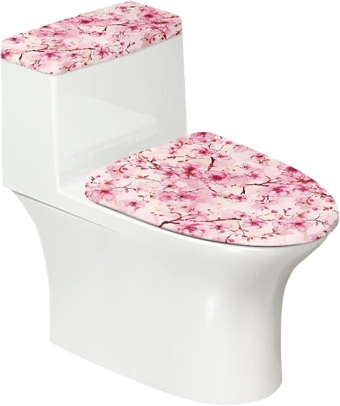 Peach Blossom Toilet Lid Covers for Bathroom Set Soft Toilet Seat Cover Set with Elastic Band Washable Elongated Home Decoration