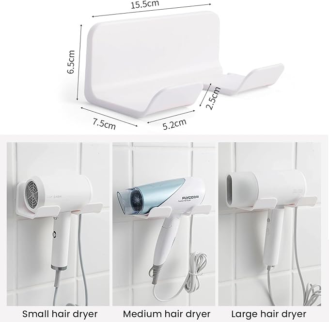 Hair Dryer Holder Wall Mount, Upgraded Stainless Steel, White, Round, 4.53 x 3.74 x 2.17 Inches, Dual Installation Methods (Screw Mounted & Glue Installed), Maximum Diameter 2.3 Inch