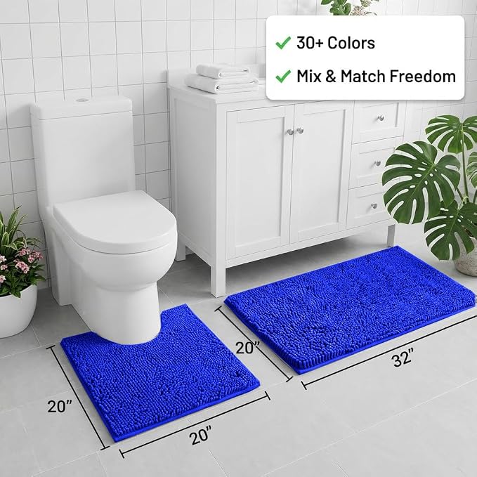 Bathroom Rugs Sets 2 Piece,Super Absorbent Chenille Bath Mats and U-Shaped Toilet Rug,Strong PVC Non Slip Backing,Microfiber Washable Dry Quickly Bath Mats for Bathroom(20"x32"+20"x20"U, Royal Blue)