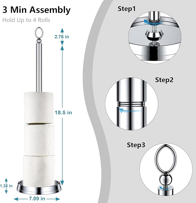 ROLABAM Heavy Weighted Toilet Paper Holder (with Reserve Function) Free Standing Toilet Paper Storage，Spare Toilet Paper Roll Holder Storage Stand for Bathroom Total Height 22.5" ，Chrome