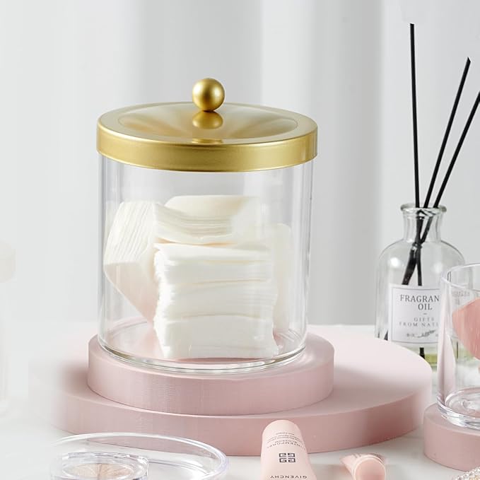 SheeChung 50 Ounce Large Clear Apothecary Jar with Gold Rust-Proof Lid - Shatterproof Plastic Storage Canister - Modern Luxury Bathroom Vanity & Laundry Room Organizer for Pods, Bath Salts