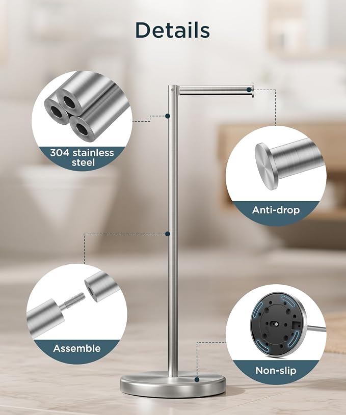 FORIOUS Toilet Paper Holder Stand with Storage for 4 Rolls, Brushed Nickel | Modern Freestanding SUS 304 Stainless Steel Bathroom Tissue Roll Organizer with Heavy Anti-Slip Weighted Base