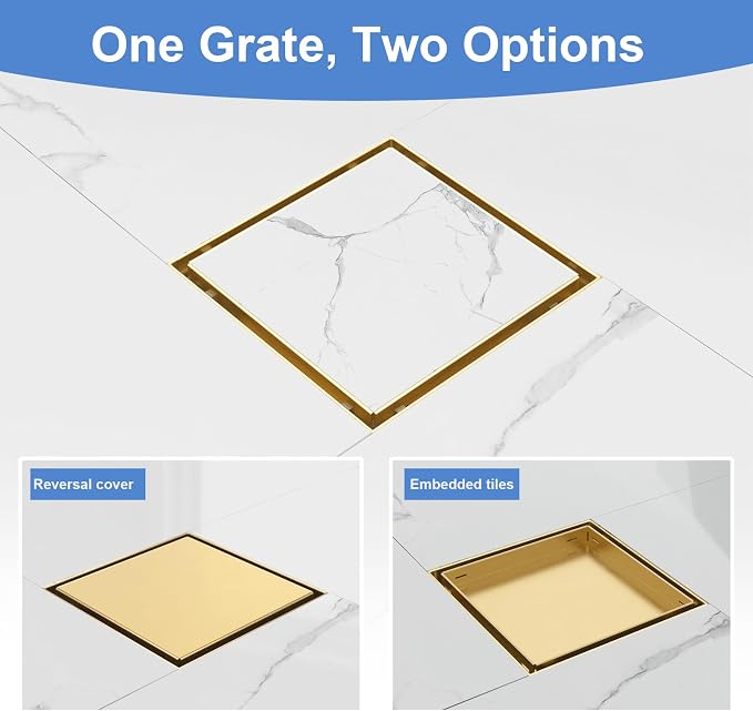 6-Inch Square Shower Drain with Tile Insert Grate, SUS 304 Stainless Steel Shower Floor Drain Kit with Hair Strainer (Brushed Gold)