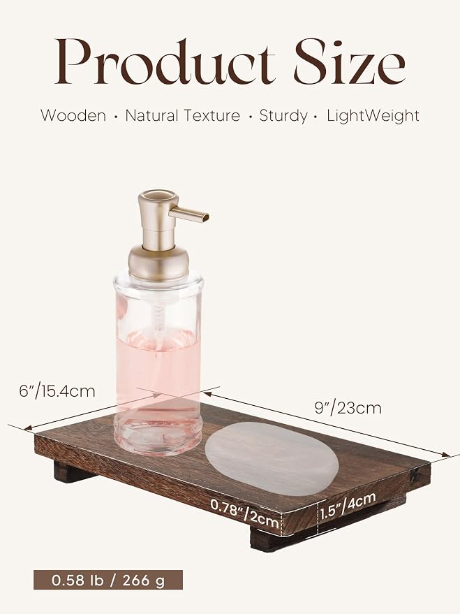 Small Wood Tray Pedestal Stand for Bathroom, 9 x 6'' Wooden Soap Tray | Lightweight Rustic Wooden Riser for Kitchen Counter, Vanity, Table, Coffee Bar, Brown, Farmhouse Decorative Decor