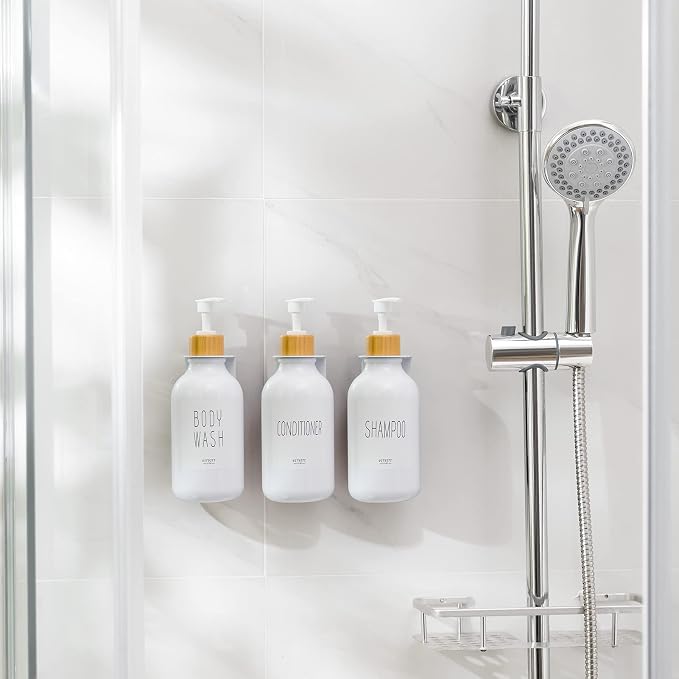 VITVITI Shampoo and Conditioner Dispenser 3 Chamber for Shower Wall, White | Refillable Body Wash Shower Soap Dispenser Wall Mounted, Drill Free 17oz Plastic Shower Bottles for Bathroom, Set of 3