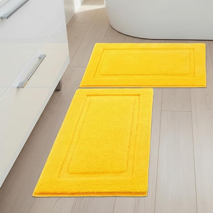 SHACOS Soft Microfiber Bathroom Rugs Set of 2 Pieces, Yellow | 32x20 + 24x16, Absorbent Plush Bath Rugs, Non Slip Washable Shaggy Bath Mats, Fluffy Bathroom Runner Floor Mats Shower Rug
