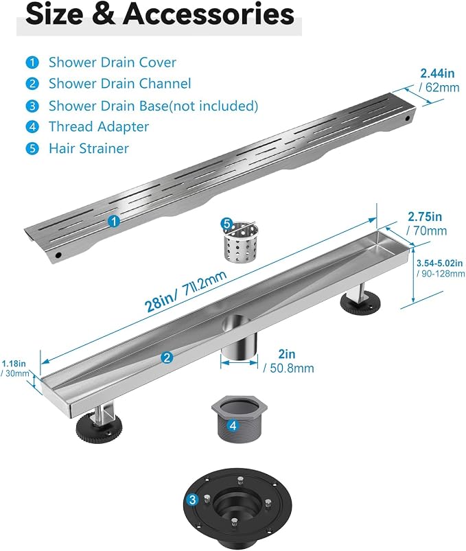 Shower Drain Stainless Steel for Bathroom: Brushed Nickel Linear Shower Drain 28 Inch with Removable Brick Pattern Grate - Adjustable Rectangular Shower Floor Drain with Hair Strainer