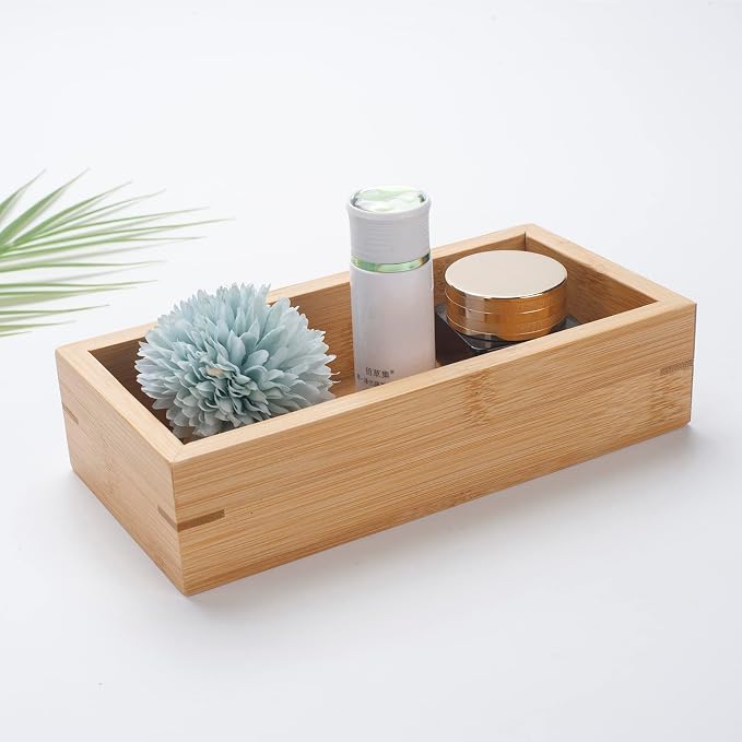 3Pcs Bamboo Bathroom Basket, Wood Bathroom Organizer, Wooden Basket Tray for Counter Toilet Tank Top, Home Decor Wood Box for Toilet Paper Storage