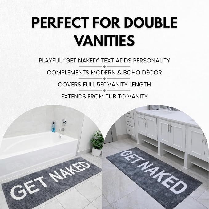 LABEND HOME Get Naked Bath Mat Runner 59"" x24 - Funny Bathroom Rug, Plush Microfiber Non-Slip TPR Backing, Machine Washable Quick-Dry Bath Decor - Grey