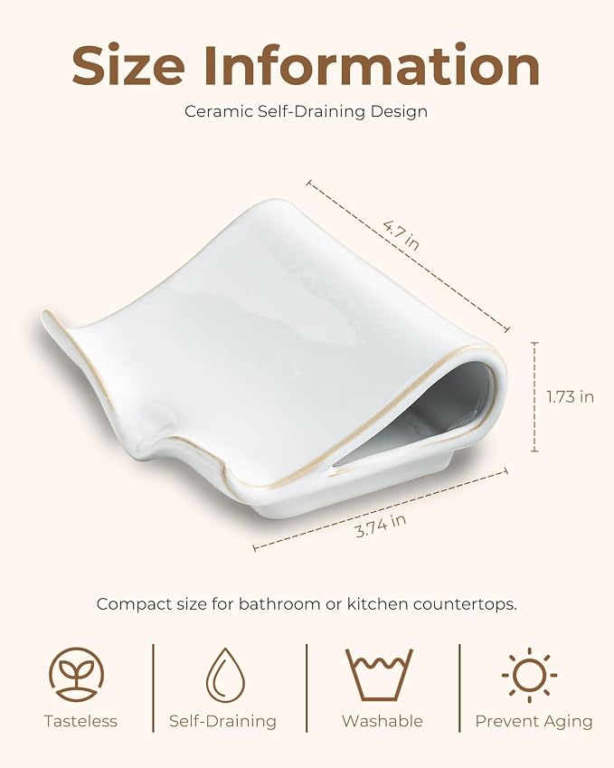 Zoeeker Soap Dish for Shower, Ceramic Self-Draining Bar Soap Holder | Soap Tray with Drainage Rectangular Bar Soap Saver Sponge Holder for Bathroom, Kitchen, Sink Organizer Tray Keep Dry, White