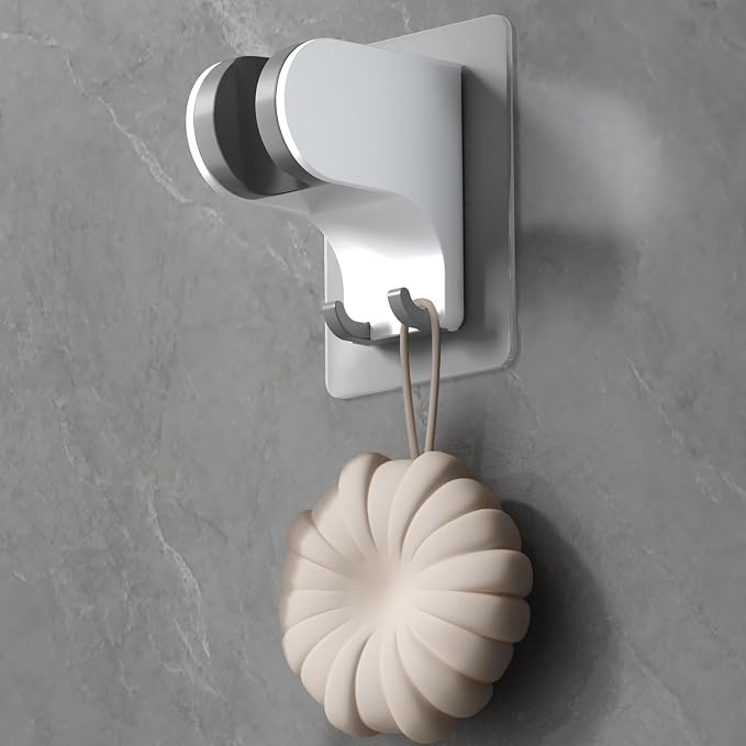 Hand Held Shower Head Holder Wall Mount, Shower Hose Holder Adhesive with 2 Hanger Hooks, Adjustable Shower Handle Holder, No Drilling Shower Wand Holder (White, 1 Pack)