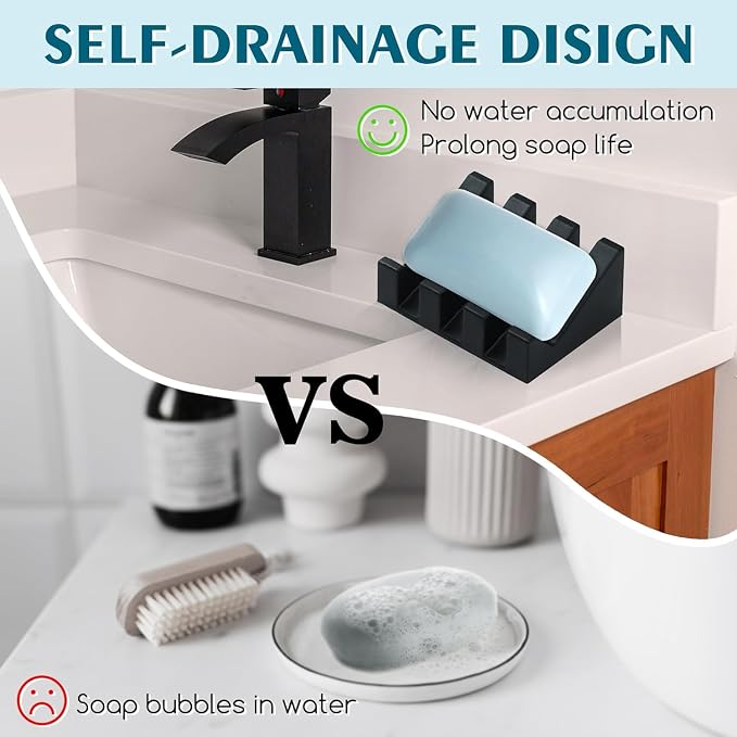 Silicone Soap Dish Self Draining with Suction Cups (Black, 1 Pack) | Waterfall drainage design drains fast to keep soap dry silicone soap saver with reusable suction cups for bathroom & kitchen