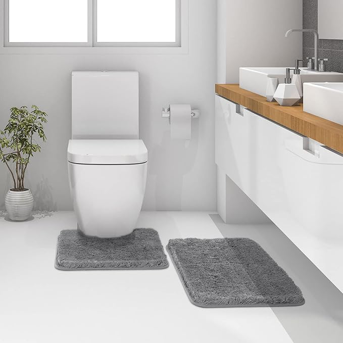 MIULEE Grey Bathroom Rugs Set 2 Piece Soft Bath Mats 20x24+20x30 Inch | Absorbent Microfiber Bath Mat and U-Shaped Toilet Rug, Non Slip, Quick Dry, for Bathroom Floor Tub Showers, Machine Washable