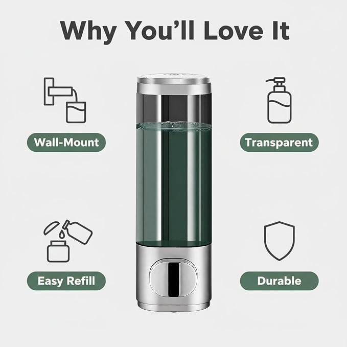 10oz/300ml Single Manual Wall Mounted Soap Dispenser, Silver | Bathroom Shampoo and Conditioner Dispenser, Clear Plastic Refillable Liquid Lotion Pump Dispenser and Organizer