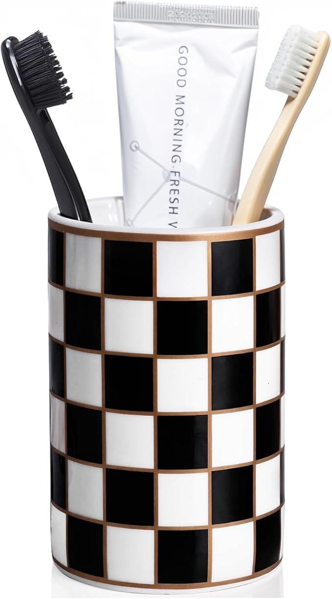 Checkered Bathroom Toothbrush Holder, Bathroom Black and White Ceramic Toothbrush Holder, Modern Toothbrush Box, Used for Bathroom countertop Storage Rack, Checkered Bathroom Decoration (Black)