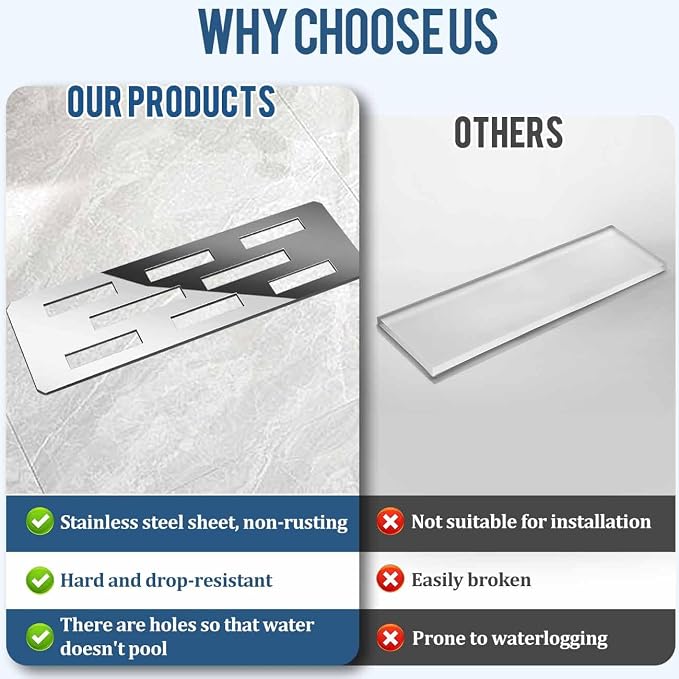 Rectangular Shelf for 12 Inch Tile Prefabricated Niches, Shower Niche Shelf with Mirror Effect 316 Stainless Steel Finish, Fits 1/8 inch Grout Lines Shower Niche Insert