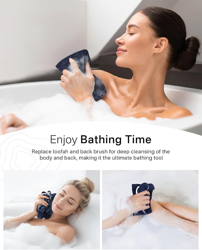 Exfoliating Washcloth Towel with Handle, Back Scrubber for Shower, Exfoliating Body Scrubber Exfoliator, Japanese Wash Cloth for Body Scrub, Bath Sponge Loofah Luffa Washer Exfoliator