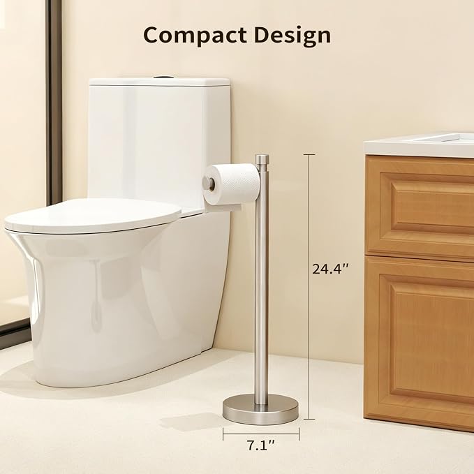 Toilet Paper Holder Stand, Heavy Duty Stainless Steel Free Standing Bathroom Tissue Roll Holder, Brushed Nickel | Stainless Steel Design with Open-Arm Access for Bathrooms and Powder Rooms