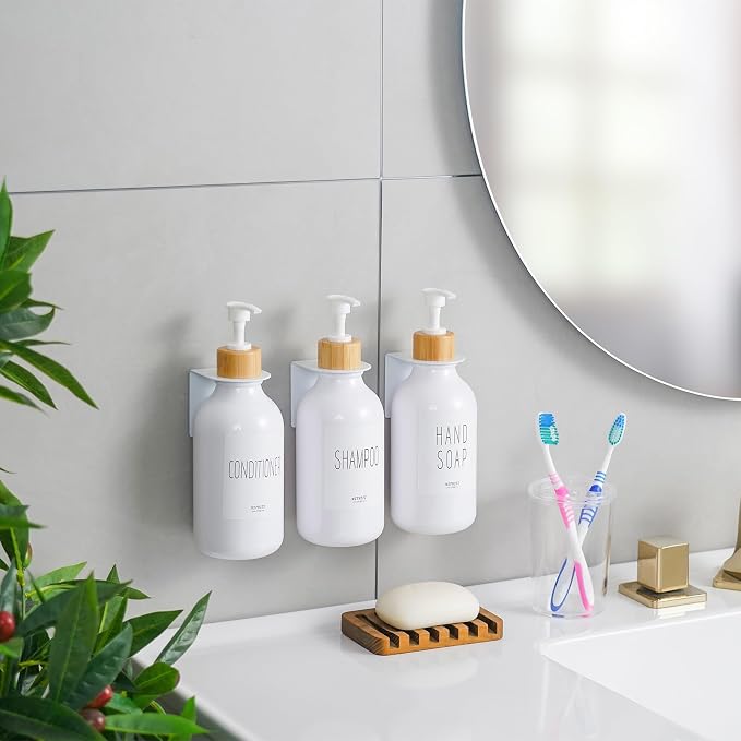 VITVITI Shampoo and Conditioner Dispenser 3 Chamber for Shower Wall, White | Refillable Body Wash Shower Soap Dispenser Wall Mounted, Drill Free 17oz Plastic Shower Bottles for Bathroom, Set of 3