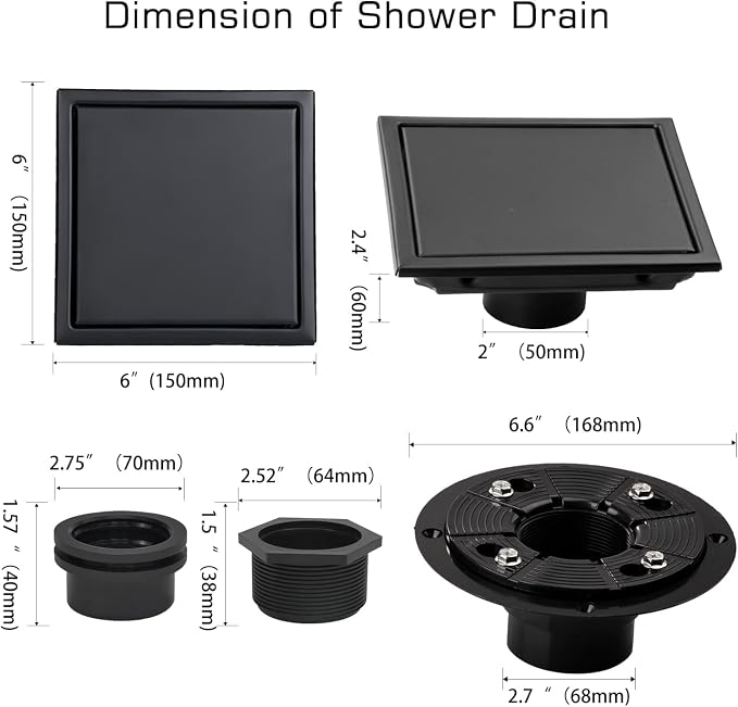Linear Shower Drain, 6 in Shower Drain with Tile Insert 2-in-1 Panel, Brushed 304 Stainless Steel Shower Drain, Linear Drain with Hair Strainer and Adjustable Feet