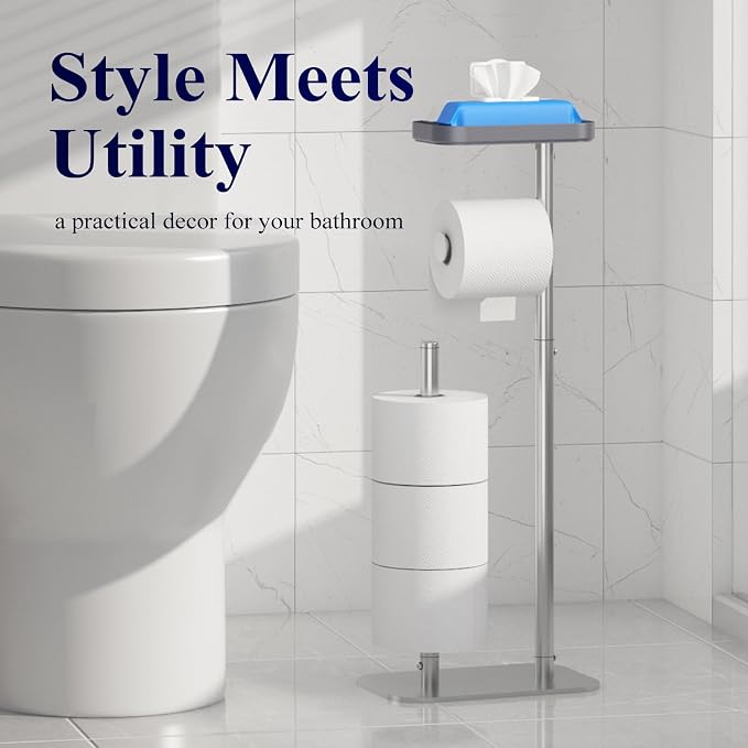 Kitsure Metal Toilet Paper Holder Free Standing, Medium, Silver | Rustproof Toilet Paper Stand for 4 Rolls, Bathroom Organizers and Storage with Anti-Slip Base and Plastic Shelf