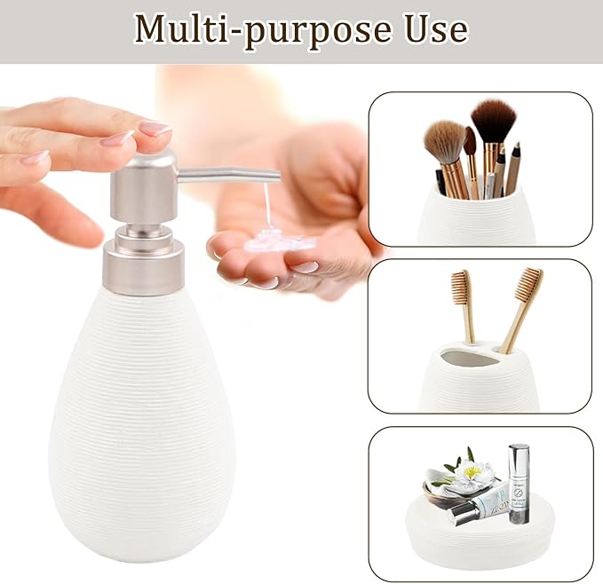 CERBIOR Bathroom Accessories Set,4 PCS Ceramic Bath Accessory,White | Includes Toothbrush Holder, Toothbrush Cup, Soap Dish for Decorative Countertop and Housewarming Gift